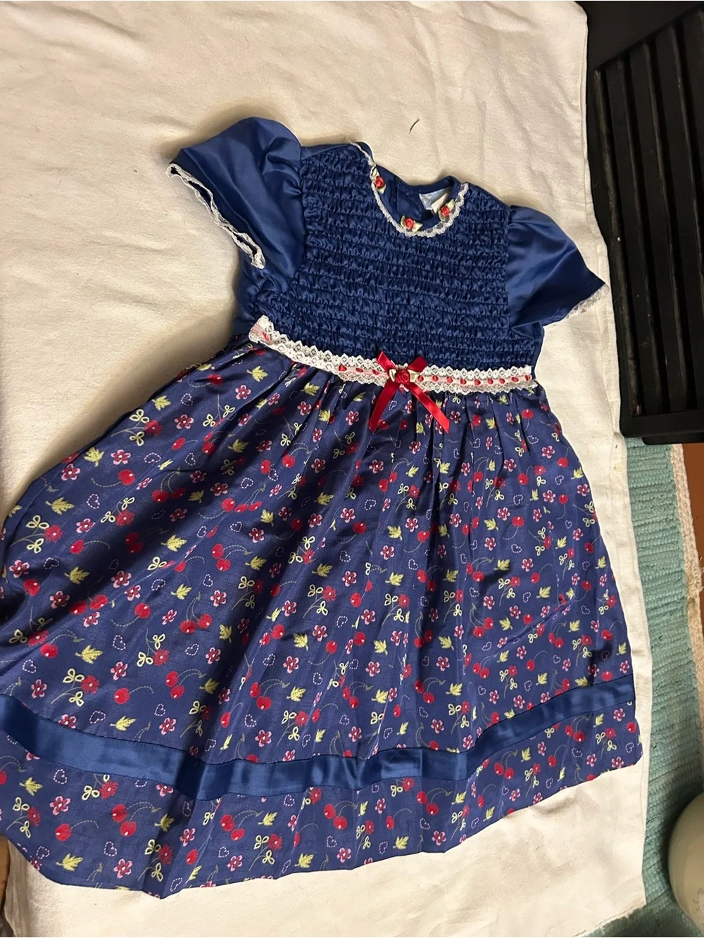 Girls' Navy Floral Smocked Dress with Red Bow a little angel vintage